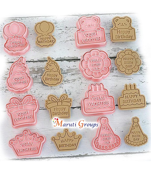 8pcs Happy Birthday Cookie Cutter Set – Gift Box, Unicorn, Crown, Bubble, Flower, Teddy Bear Shapes