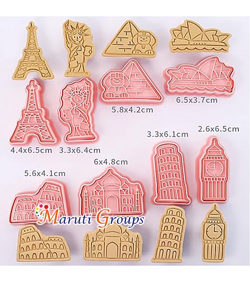 7 Wonders of the World Plunger Cookie Cutter Set - The Colosseum, The Great Wall of China, The Taj Mahal, Statue of Liberty, Eiffel Tower, Pyramids, The Clock Tower