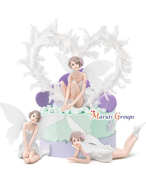 3pc Fairy Cake Topper Set – Birthday, Baby Shower, Wedding Decoration with Feather Ornament