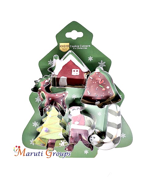 6pc Christmas Cookie Cutter Stainless Steel Set – House, Bell, Candy Cane, Santa, Tree & Deer Shapes