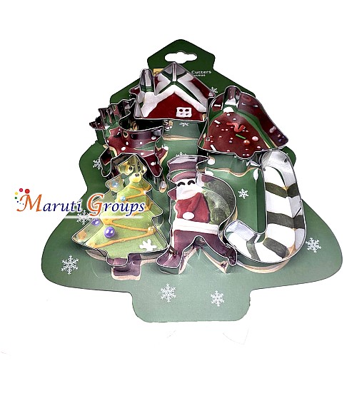 6pc Christmas Cookie Cutter Stainless Steel Set – House, Bell, Candy Cane, Santa, Tree & Deer Shapes