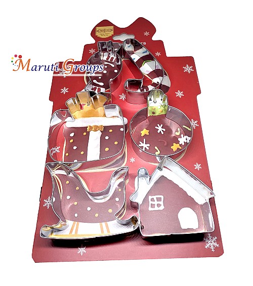 6pc Christmas Cookie Cutter Stainless Steel Set – House, Christmas Tree, Bell, Candy Cane, Sweets, Gift Box & Santa Sleigh