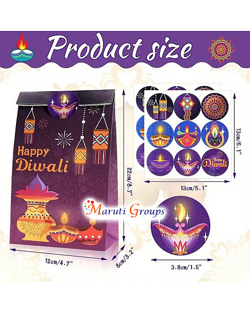 6pc Happy Diwali Party Gift Bags (with Stickers) – 22cm x 13cm – Perfect for Kids