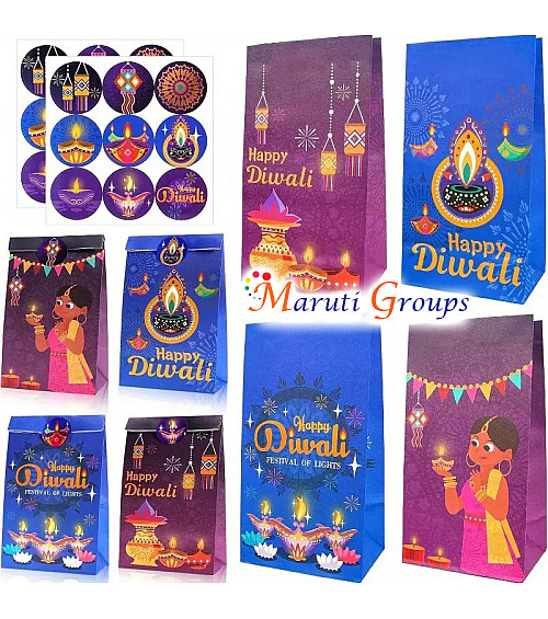 6pc Happy Diwali Party Gift Bags (with Stickers) – 22cm x 13cm – Perfect for Kids