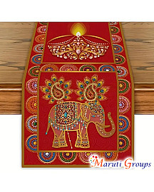 Happy Diwali Indian Elephant Runner Over Tablecloth – Red & Golden Indian-Themed Dining Table Cover with Peacock & Mandala Patterns 33.02x182.88 Cm