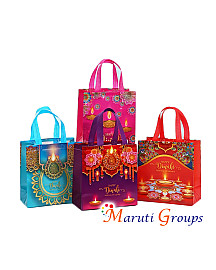 6pc Happy Diwali Non-Woven Gift Bags with Handles – Assorted Colors (Blue, Pink, Red, Purple)
