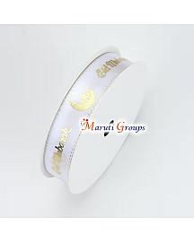 1 Roll Eid Mubarak Satin Ribbon – White with Golden Moon Letter Design (1.6cm)