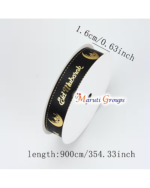 1 Roll Eid Mubarak Satin Ribbon – Black with Golden Moon Letter Design (1.6cm)
