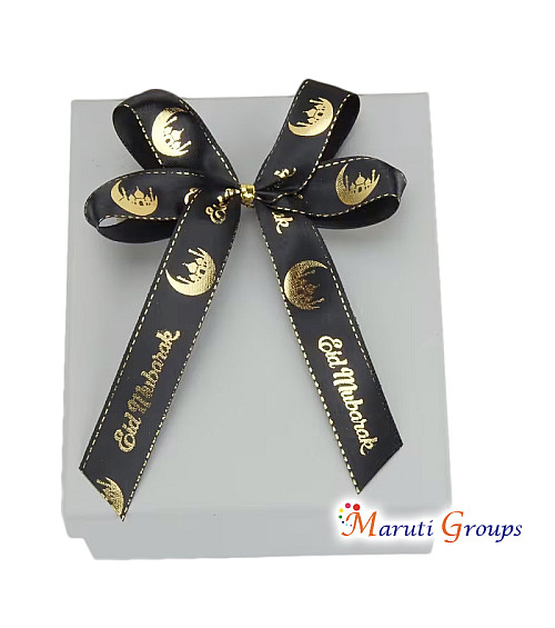 1 Roll Eid Mubarak Satin Ribbon – Black with Golden Moon Letter Design (1.6cm)