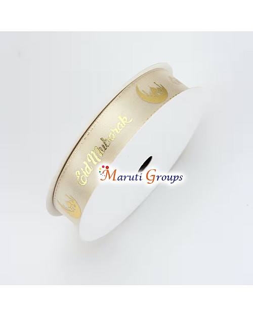 1 Roll Eid Mubarak Satin Ribbon – Cream with Golden Moon Letter Design (1.6cm)