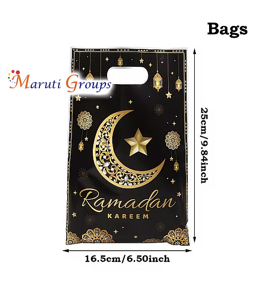 10pcs Ramadan Kareem Gift Bags – Black & Gold Loot Bags (25cm x 16.5cm)