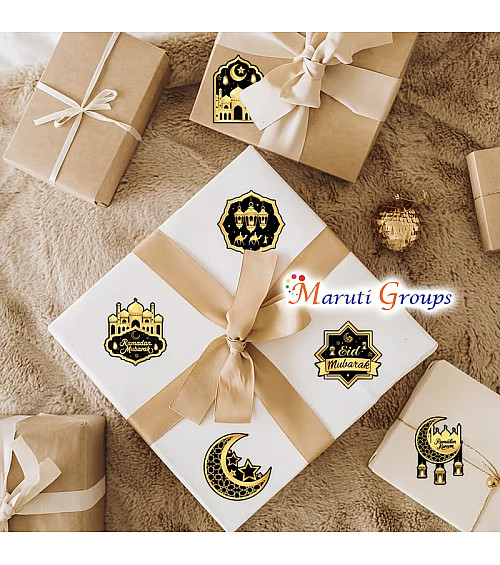 500pcs Eid Mubarak Islamic Stickers Roll – Black & Gold Crescent Moon & Arabic Calligraphy (2.5cm)