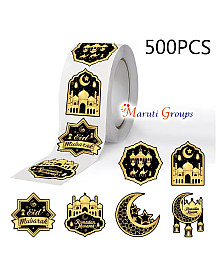 500pcs Eid Mubarak Islamic Stickers Roll – Black & Gold Crescent Moon & Arabic Calligraphy (2.5cm)