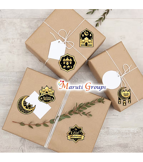 500pcs Eid Mubarak Islamic Stickers Roll – Black & Gold Crescent Moon & Arabic Calligraphy (2.5cm)