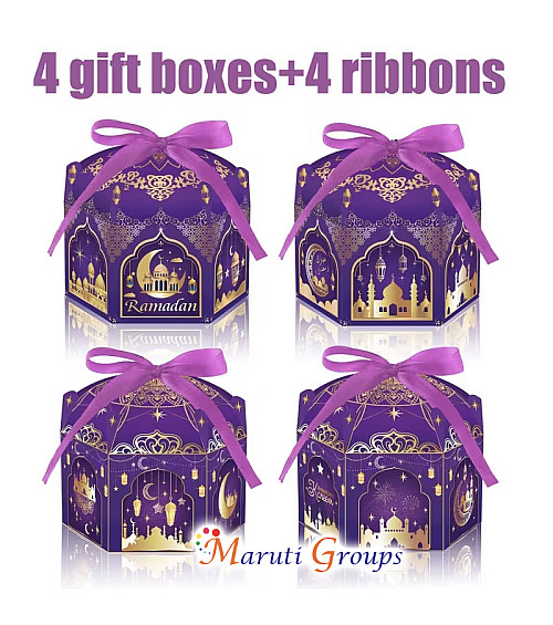 8pcs Purple Eid Gift Box Set (4 Gift Boxes + 4 Ribbons) – Ramadan 3D Candy Boxes