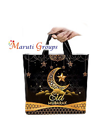 1pc Eid Mubarak Gift Bag – Black & Golden Moon Star Design Treat Bag with Handles (30cm x 25cm)