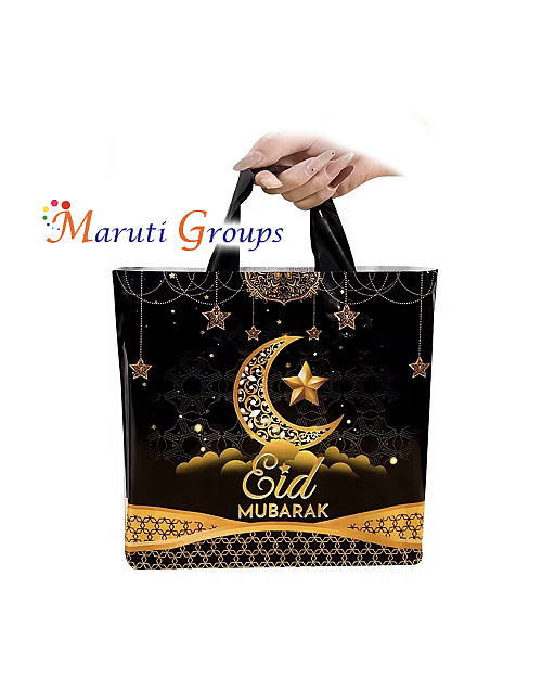 1pc Eid Mubarak Gift Bag – Black & Golden Moon Star Design Treat Bag with Handles (30cm x 25cm)