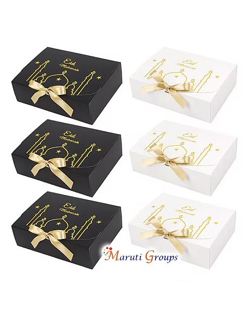 6pcs Eid Mubarak Hot Stamping Gift Box Set – Black & White (26.97 x 19.76 x 7.98cm)