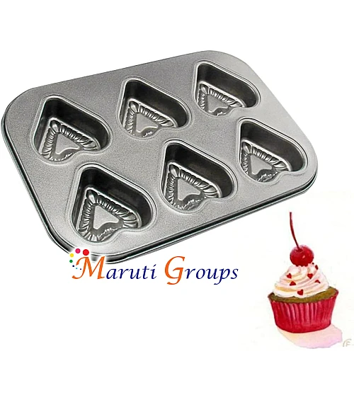 Heart Muffin Baking Tray Tin Pan – 26.2cm x 18cm (Cavity Size 6.2cm, Height 1.8cm)