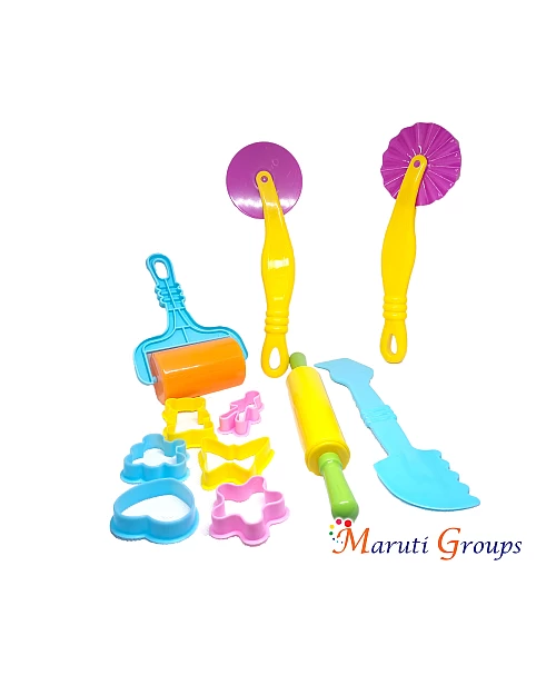 11pc Kids Baking Tool Set – Rolling Pin, Pizza Cutter, Pastry Wheel & Cookie Cutters  (gingerbread man, heart, butterfly, star, teddy bear, grape)