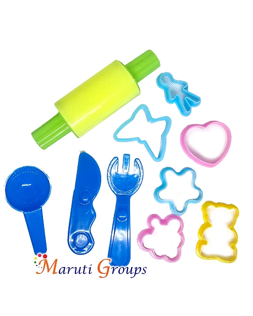 10pc Kids Baking Tool Set – Rolling Pin, Fork, Knife & Cookie Cutters (gingerbread man, heart, butterfly, star, teddy bear, grape)