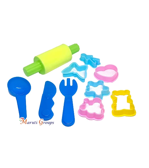 10pc Kids Baking Tool Set – Rolling Pin, Fork, Knife & Cookie Cutters (gingerbread man, heart, butterfly, star, teddy bear, grape)