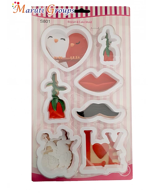 7PC Love Theme Cookie Cutter Set - Heart, Roses, Lip, Moustache / Mustache, Love, Cupid