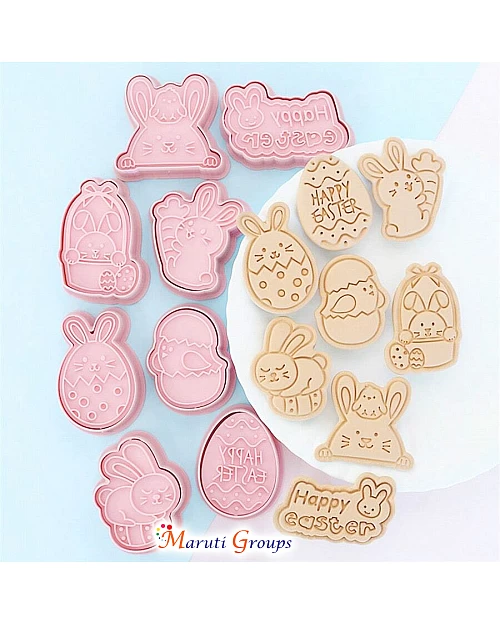 8pcs Easter Cookie Cutter Set – Cartoon Rabbit, Egg Shapes & Happy Easter Text