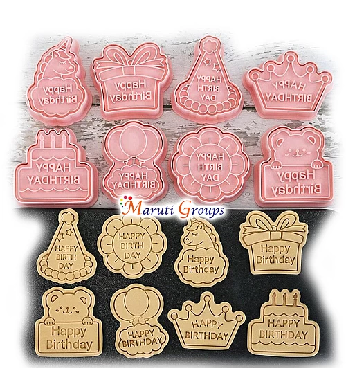 8pcs Happy Birthday Cookie Cutter Set – Gift Box, Unicorn, Crown, Bubble, Flower, Teddy Bear Shapes