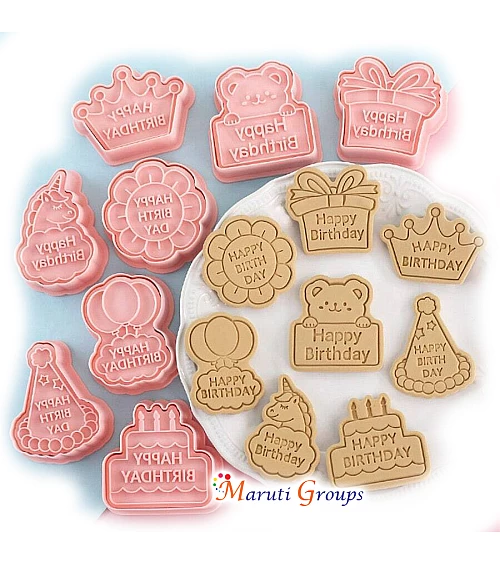 8pcs Happy Birthday Cookie Cutter Set – Gift Box, Unicorn, Crown, Bubble, Flower, Teddy Bear Shapes