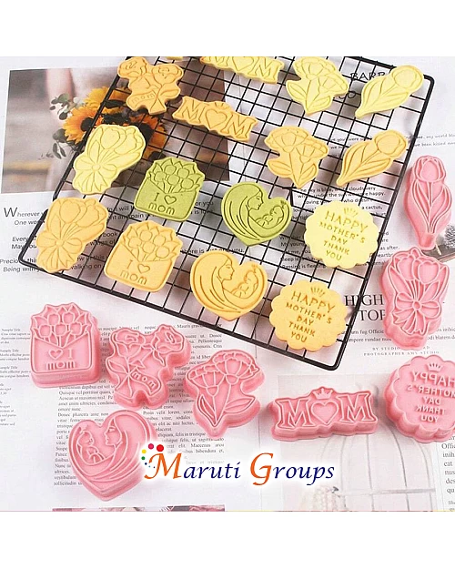 8pc Mothers Day Cookie Cutter and Stamp Set – Mom, Flowers, I Love Mom, Mother and Child