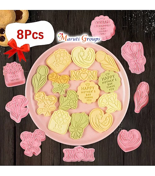8pc Mothers Day Cookie Cutter and Stamp Set – Mom, Flowers, I Love Mom, Mother and Child