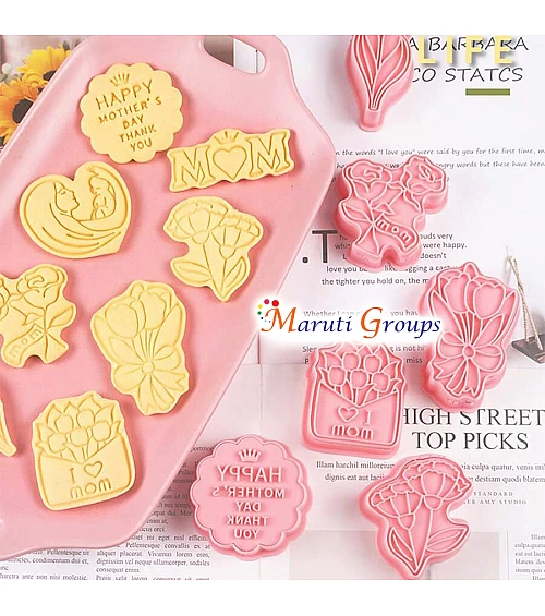 8pc Mothers Day Cookie Cutter and Stamp Set – Mom, Flowers, I Love Mom, Mother and Child