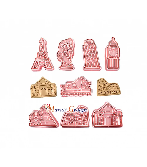 7 Wonders of the World Plunger Cookie Cutter Set - The Colosseum, The Great Wall of China, The Taj Mahal, Statue of Liberty, Eiffel Tower, Pyramids, The Clock Tower