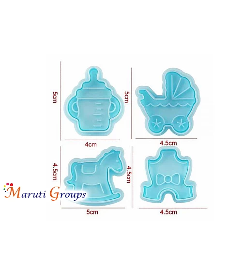 4pc Baby Shower Plunger Cutter / Cookie Cutter - Baby Grower, Bottle, Pram, Rocking Horse