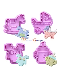 4pc Baby Shower Plunger Cutter / Cookie Cutter - Baby Grower, Bottle, Pram, Rocking Horse