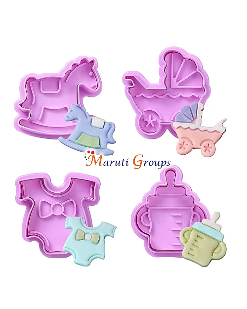 4pc Baby Shower Plunger Cutter / Cookie Cutter - Baby Grower, Bottle, Pram, Rocking Horse