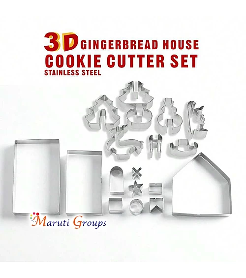  18pc Christmas Gingerbread House Cookie Cutter Set - 3D Stainless Steel (Snowman, Deer, Star, Tree)