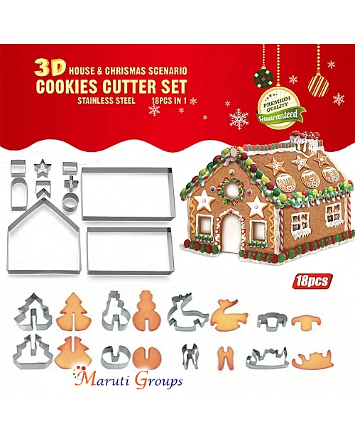  18pc Christmas Gingerbread House Cookie Cutter Set - 3D Stainless Steel (Snowman, Deer, Star, Tree)