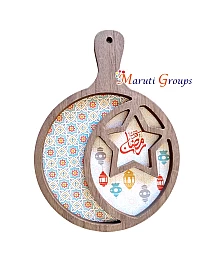 1PC Eid Serving Wooden Round Tray with Handle 32cm x 23.7cm