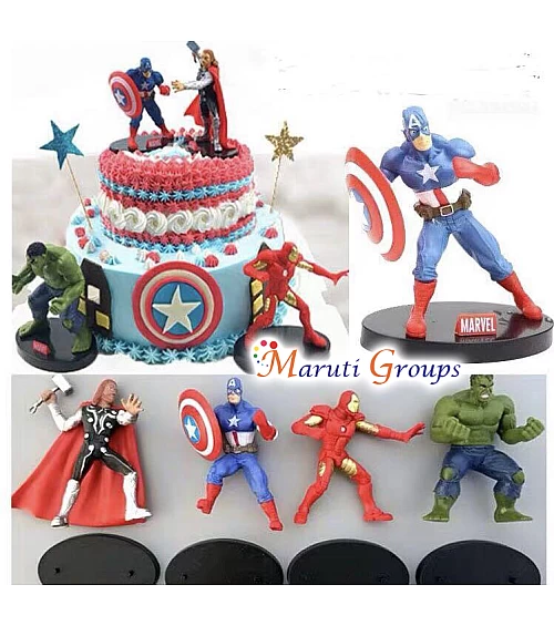 4pcs Avengers 3D Cake Topper Set – Hulk, Captain America, Thor & Iron Man with Star & Shield Decorations