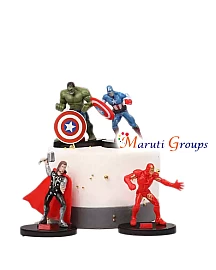 4pcs Avengers 3D Cake Topper Set – Hulk, Captain America, Thor & Iron Man with Star & Shield Decorations