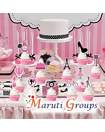 12pcs Barbie Themed Cupcake Topper Picks & Flags, Pink Birthday Party & Gathering Supplies, Eiffel Tower & Girl Themed Cake Decor - Paper / Board