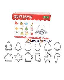 12pc Christmas Cookie Cutters In Stainless Steel - Christmas tree, Socks,Cane , House,Snowflake, Star, Heart, House, Snowflake ,Bell