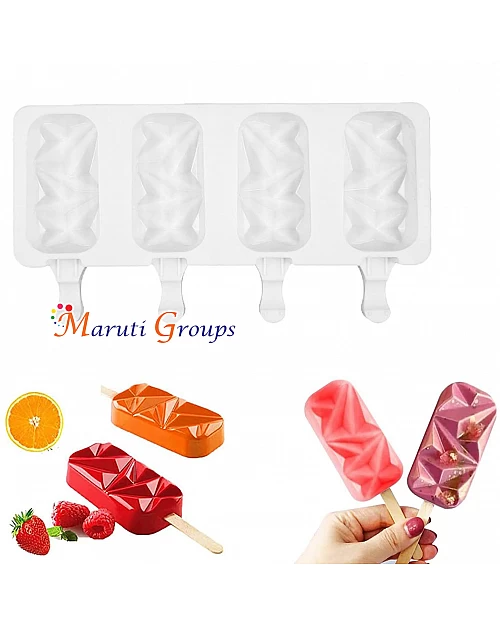 4 Cavity Geometric Ice-Cream Mould with Sticks / Popsicle