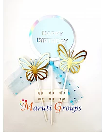 Happy Birthday Butterfly Cake Topper  For Cake Decorating - Blue