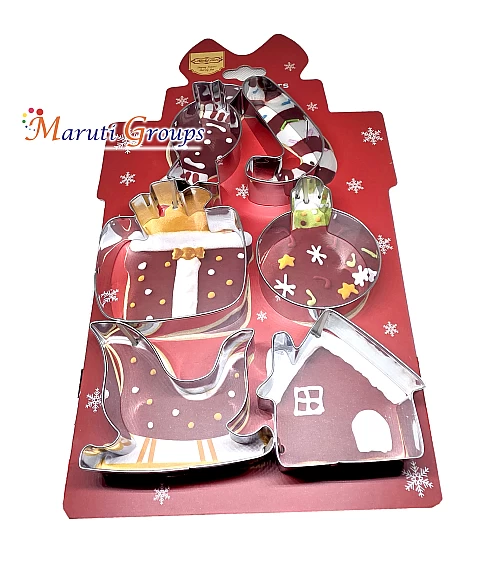 6pc Christmas Cookie Cutter Stainless Steel Set – House, Christmas Tree, Bell, Candy Cane, Sweets, Gift Box & Santa Sleigh