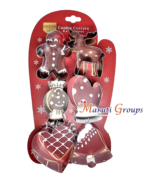 6pc Christmas Cookie Cutter Stainless Steel Set – Gingerbread, Reindeer, Sweet, Heart, Glove & Bell Shapes