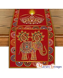 Happy Diwali Indian Elephant Runner Over Tablecloth – Red & Golden Indian-Themed Dining Table Cover with Peacock & Mandala Patterns 33.02x182.88 Cm