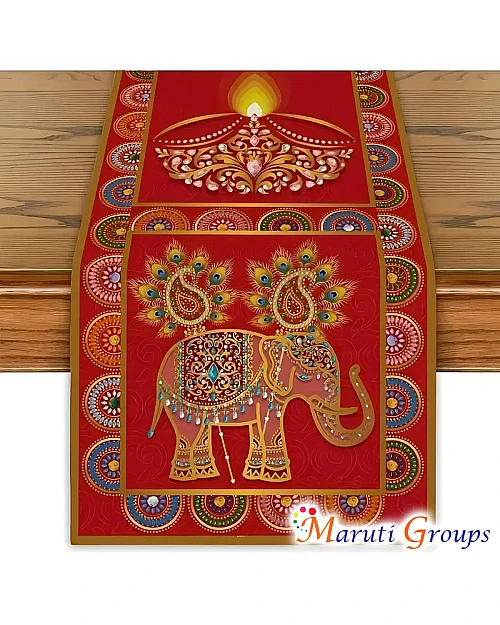Happy Diwali Indian Elephant Runner Over Tablecloth – Red & Golden Indian-Themed Dining Table Cover with Peacock & Mandala Patterns 33.02x182.88 Cm
